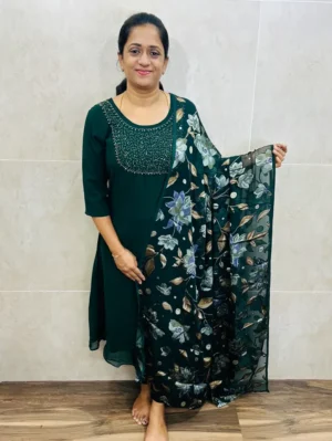 (Green)Georgette top(full crepe lining)with handworked yoke paired with Georgette brasso dupatta