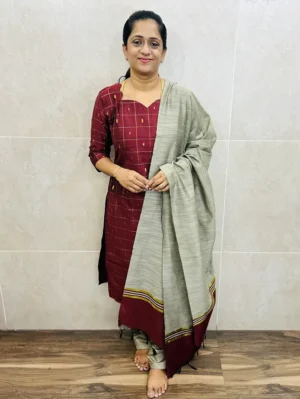 Maroon-Premium semi Raw silk top (cotton lining) with allover zari woven buttas paired with semi raw silk dupatta and silk bottom (free size) -Dispatch within 7working days