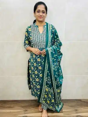 Jaipur cotton top (cotton lining) with handworked yoke paired with printed cotton dupatta and cotton bottom (straight cut)