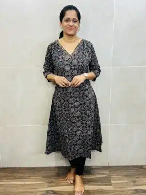 Black - Printed cotton top (cotton lining) with handworked yoke (Anarkali pattern)