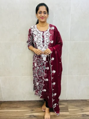 Crushed georgette top with crepe lining and embroidered yoke, paired with a georgette dupatta