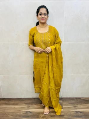 Soft shimmer silk top(full crepe lining) with embroidered yoke paired with shimmer silk dupatta and silk bottom(free size)