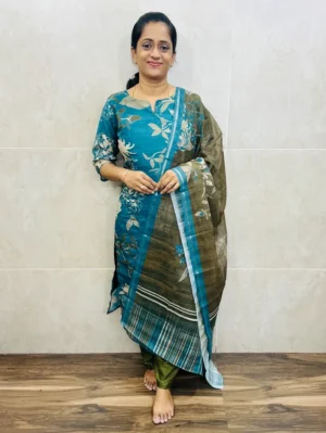 Printed semi tussar top(cotton lining) paired with semi tussar dupatta and silk bottom(free size)