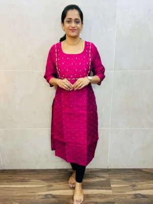 (Rani pink)Semi raw silk top(cotton lining) with allover thread weaving buttas and handworked yoke(straight cut)