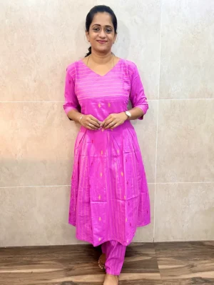 (TOP ONLY)Pure handloom cotton top with allover thread weavings (panel cut Anarkali) paired with handloom cotton bottom (free size)