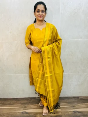 Premium semi raw silk top (cotton lining) with allover zari weavings paired with zari woven semi raw silk dupatta and semi raw silk bottom (free size)