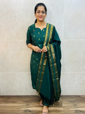 Premium semi raw silk top (cotton lining) with allover zari weavings paired with zari woven semi raw silk dupatta and semi raw silk bottom (free size)