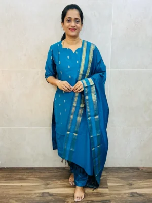 Premium semi raw silk top (cotton lining) with allover zari weavings paired with zari woven semi raw silk dupatta and semi raw silk bottom (free size)