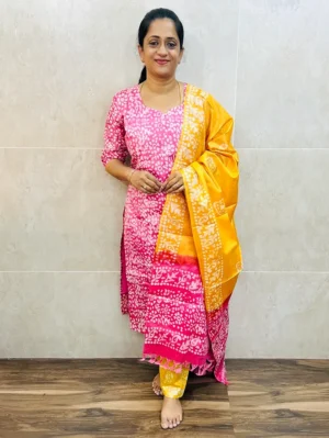 Batik printed Bhagalpur cotton top (cotton lining) paired with Bhagalpur cotton dupatta and Bhagalpur cotton bottom (free size)