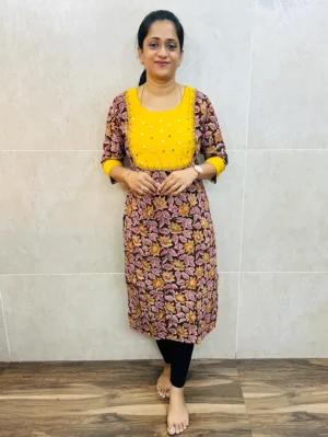 Original kalamkari cotton top (cotton lining) with handworked slub silk patchwork on yoke (straight cut)