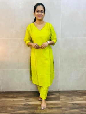 (Light green)Premium semi raw silk top(cotton lining) with allover handwork paired with semi raw silk bottom(straight cut)
