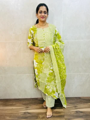 Printed Jaipur cotton top (cotton lining) paired with printed cotton dupatta and cotton bottom (straight cut)