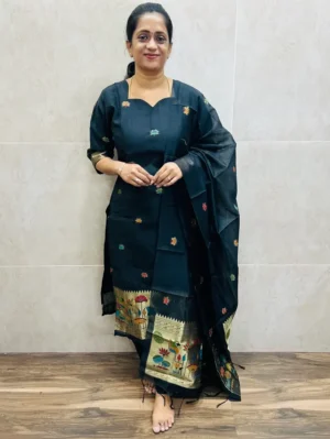 (Black)Soft Benarasi silk top (full cotton lining) with exclusive jamdani weaving paired with benarasi soft silk dupatta and silk bottom (free size)