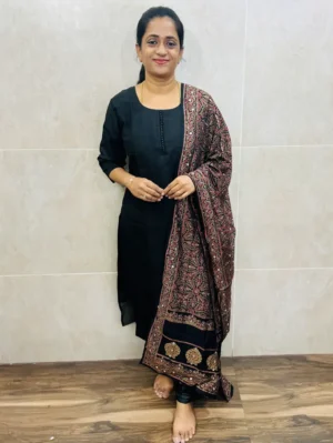 (Black)Soft silk top(cotton lining) with potli work on yoke paired with printed mirrorworked modal silk dupatta and silk bottom(free size)