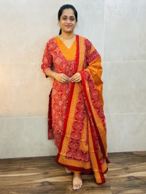 (Red)Printed cotton top(cotton lining) paired with printed cotton dupatta and cotton bottom(straight cut)